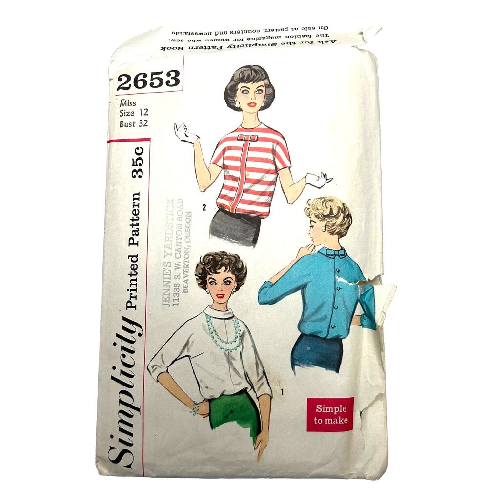 Simplicity Vintage 1950's Pattern‎ #2653 Misses Overblouse Size 12 HTF